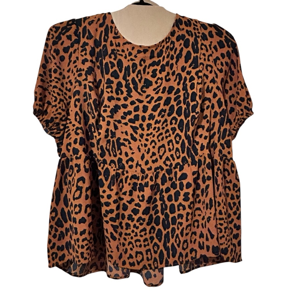Lane Bryant Blouse Peekaboo back Black/Brown Animal Print Puffed Sleeve Size 28